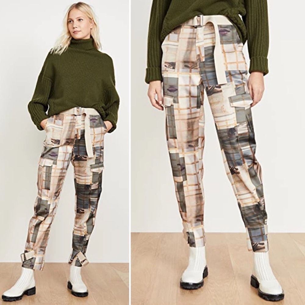 NWT Holzweiler Skunk Pants I See Patchwork Screen Printed Faces Tan/Grey Sz XL